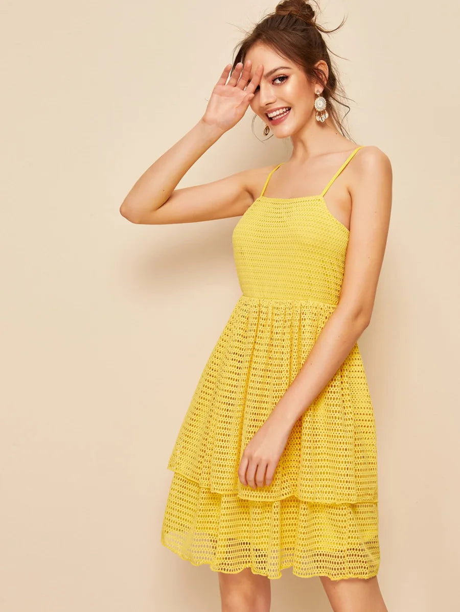 Solid Fishnet Mesh Layered Hem Slip Dress Periwinkley Shop