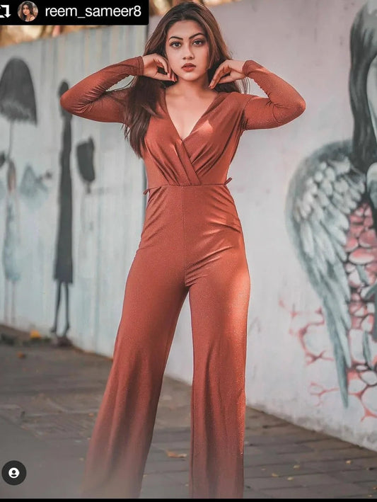 Plunging Neck Self Belted Wrap Glitter Jumpsuit Periwinkley Shop