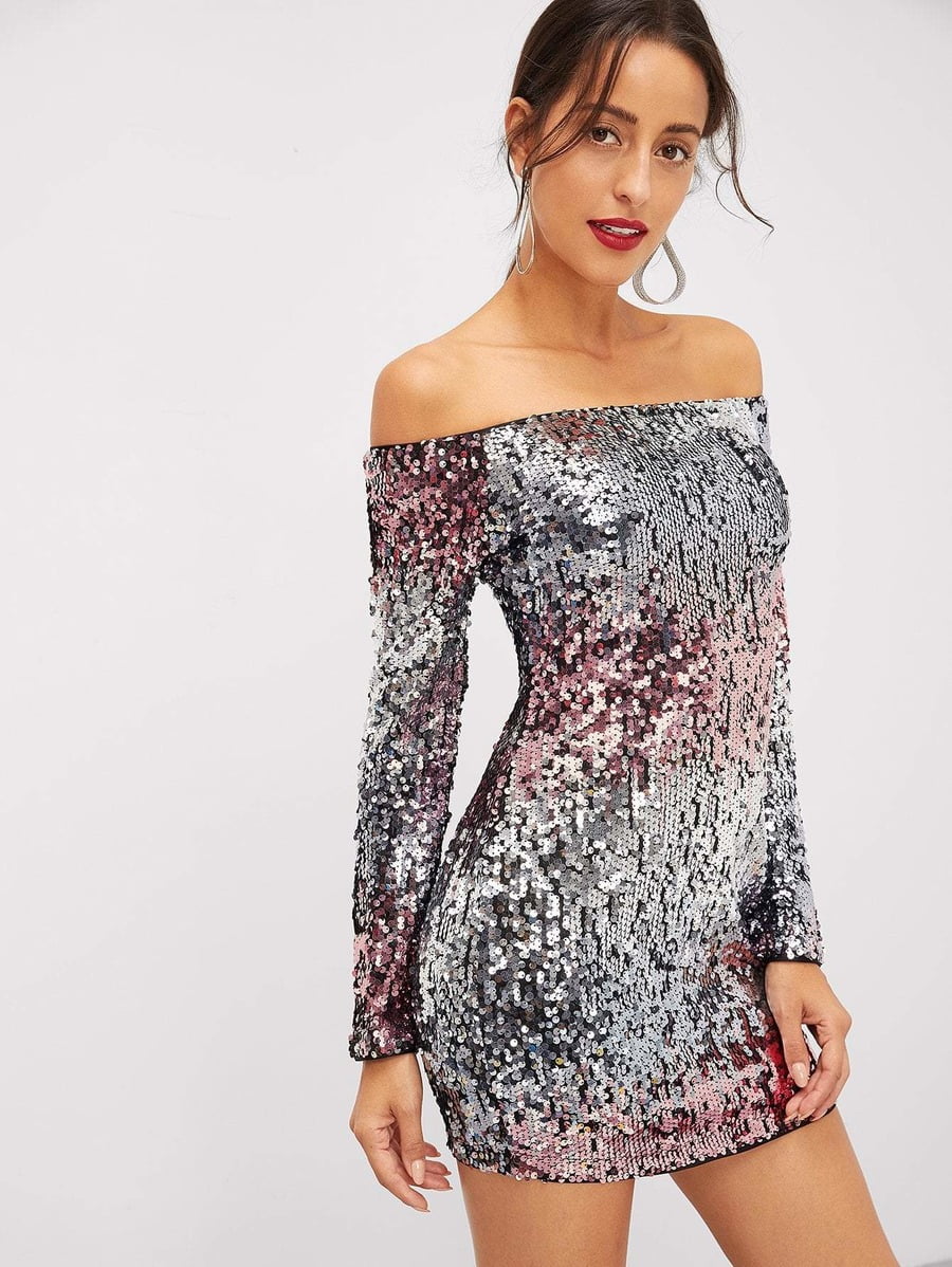 Long Sleeve Off Shoulder Ombre Sequin Dress Periwinkley Shop