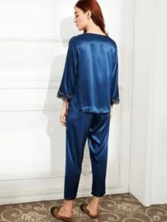 Embroidered Lace Trim Satin Pajama Set Periwinkley Shop