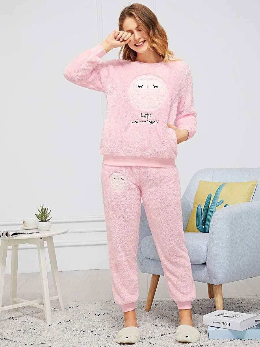 Owl & Letter Embroidered Plush Pajama Set Periwinkley Shop