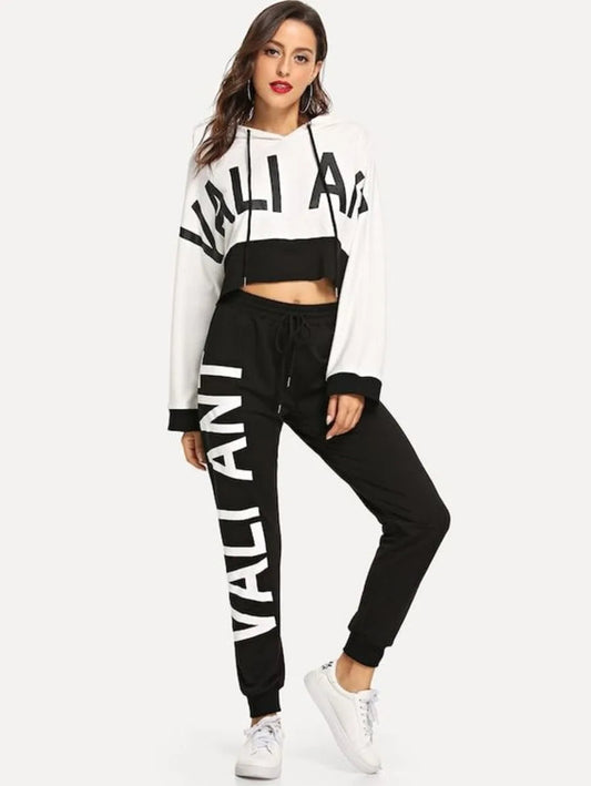 Drop Shoulder Letter Crop Hoodie and Sweatpants Set Periwinkley Shop