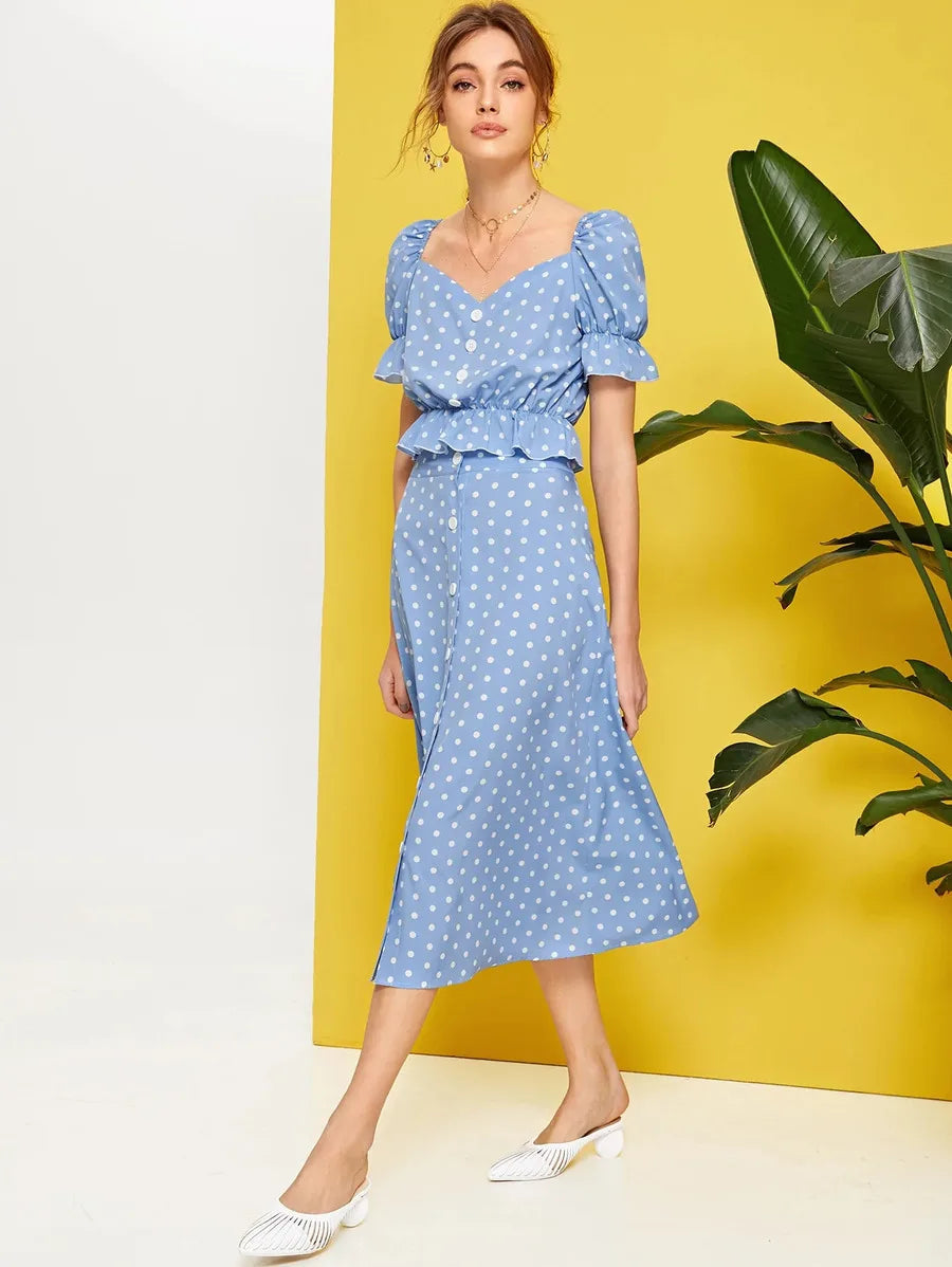 Polka Dot Button Front Ruffle Trim Peplum Top & Skirt Set Periwinkley Shop