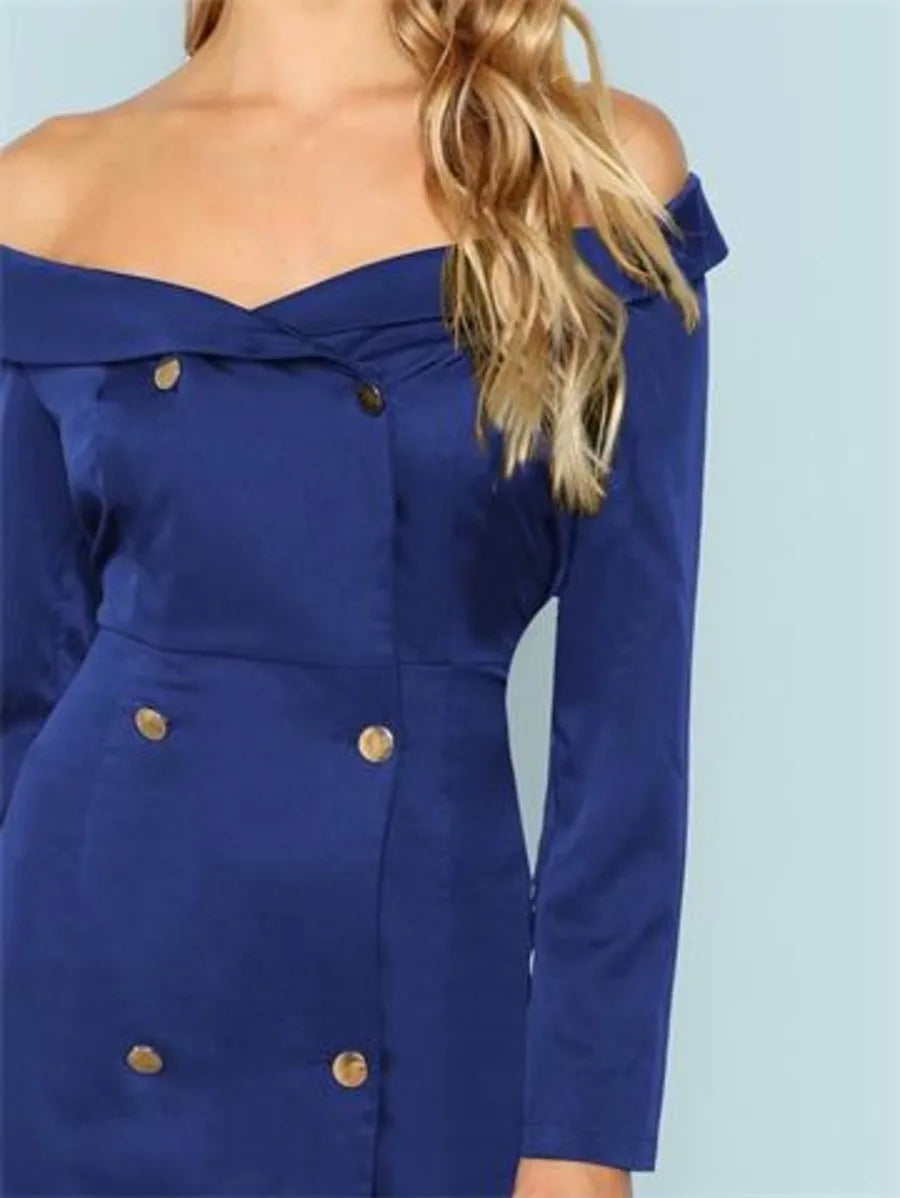 Double Breasted Collared Bardot Dress Periwinkley Shop