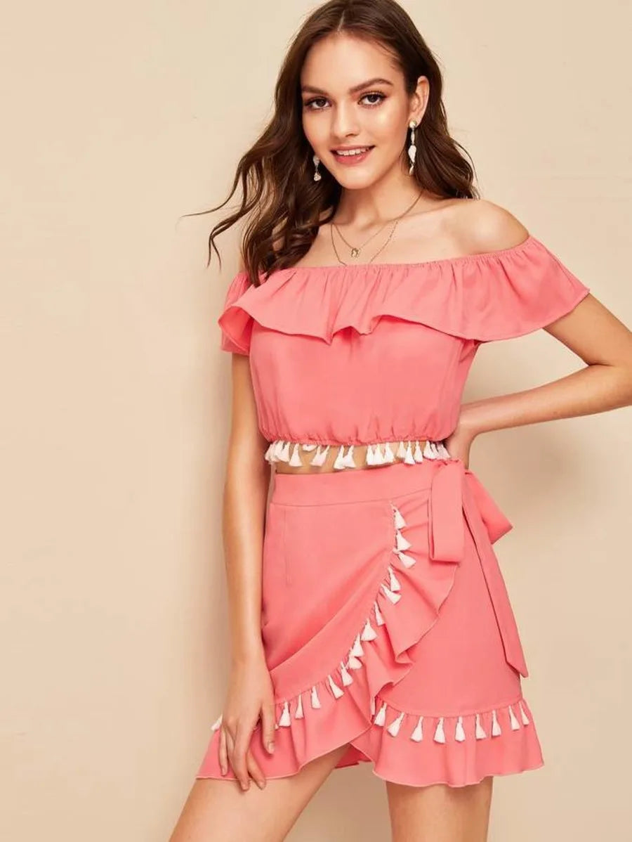 Tassel Trim Bardot Top & Wrap Skirt Set Periwinkley Shop