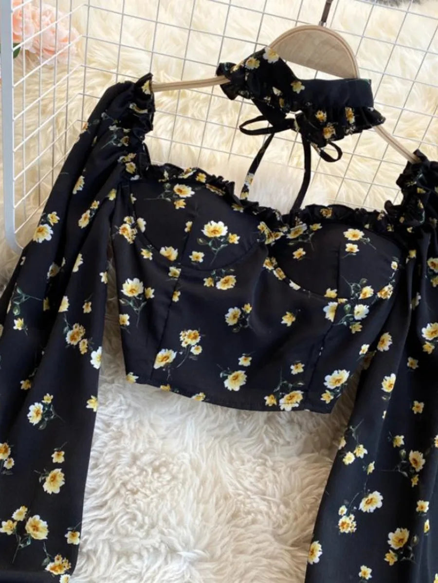 Floral puffsleeve choker halter top Periwinkley Shop