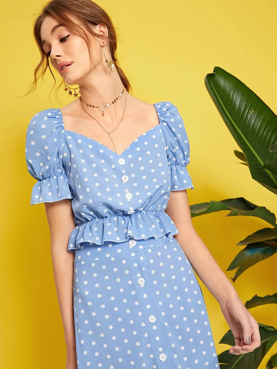 Polka Dot Button Front Ruffle Trim Peplum Top & Skirt Set Periwinkley Shop