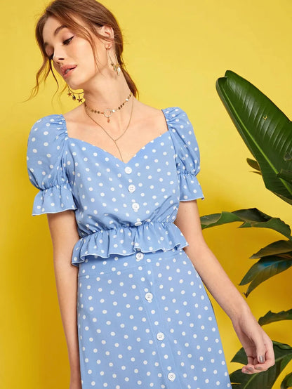 Polka Dot Button Front Ruffle Trim Peplum Top & Skirt Set Periwinkley Shop