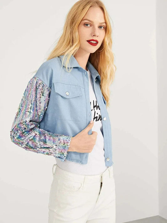 Contrast Sequin Single Breasted Pocket Collar Neck Jacket Periwinkley Shop