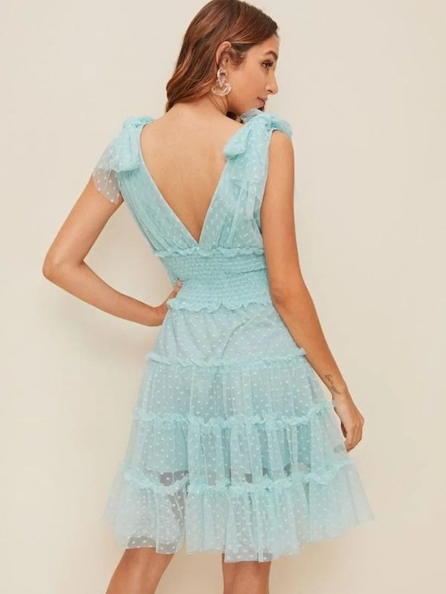 knot shoulder plunging neck mesh overlay dress Periwinkley Shop