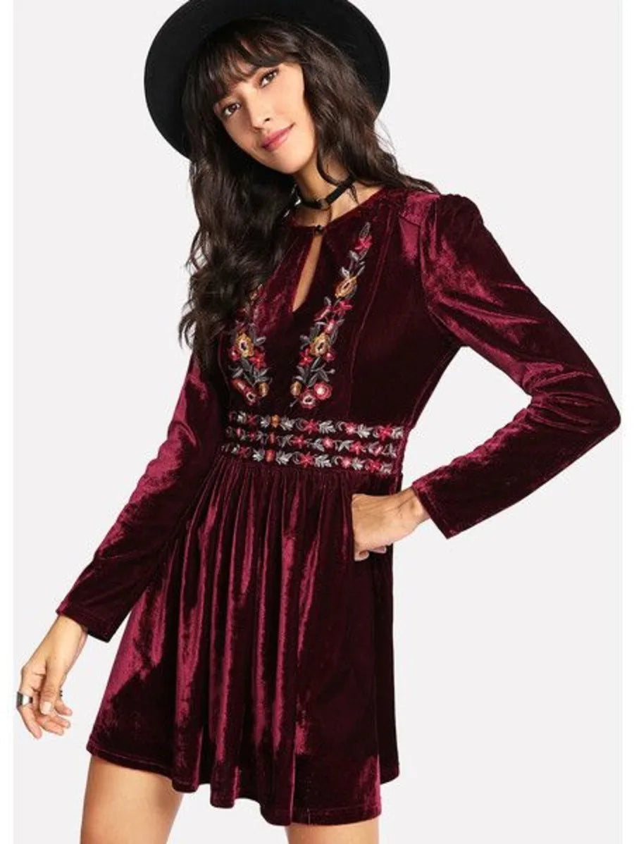 Buttoned Keyhole Front Embroidered Velvet Dress Periwinkley Shop