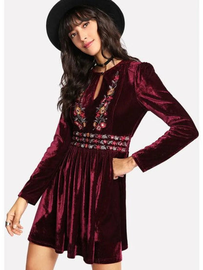 Buttoned Keyhole Front Embroidered Velvet Dress Periwinkley Shop