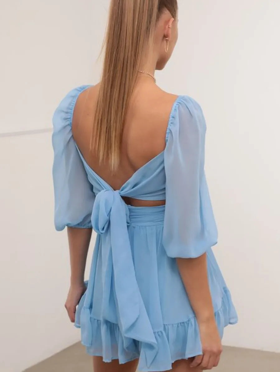 sky blue puffed sleeve  back tie up dress Periwinkley Shop