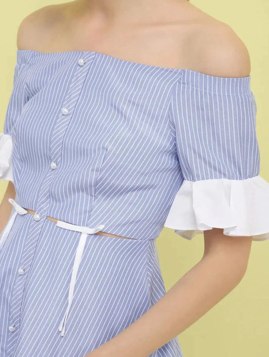 OH MY PRETTY PEARLS LIGHT BLUE STRIPED OFF-SHOULDER DRESS Periwinkley Shop