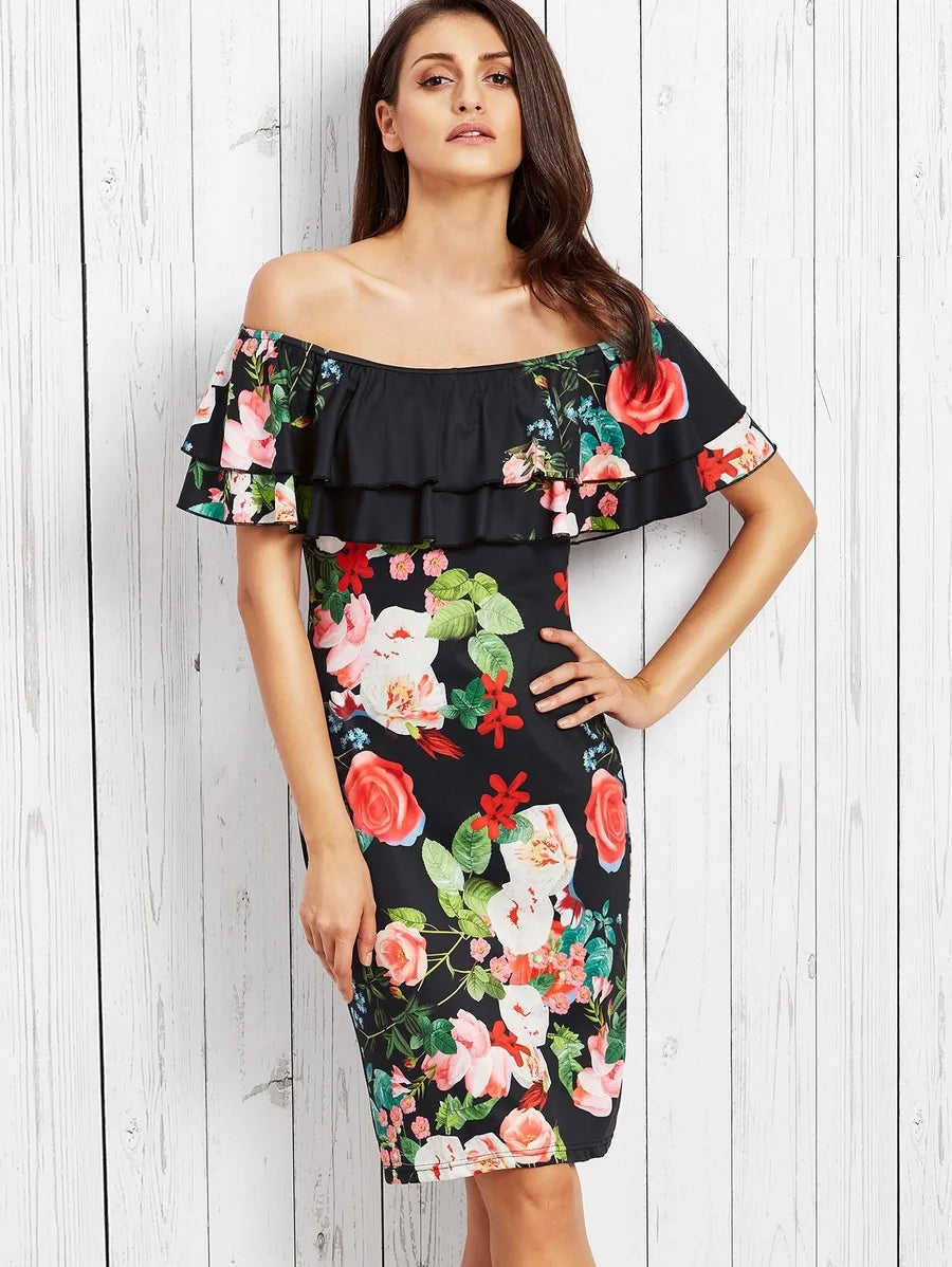 Rose Print Flounce Layered Neckline Fitted Dress Periwinkley Shop