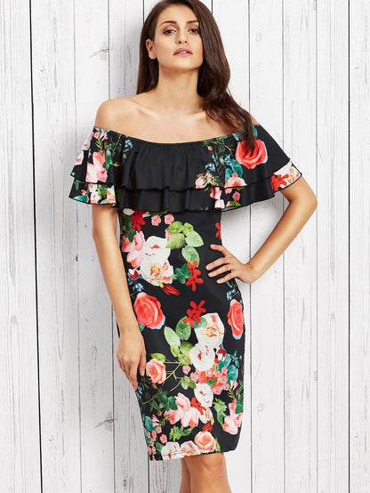 Rose Print Flounce Layered Neckline Fitted Dress Periwinkley Shop