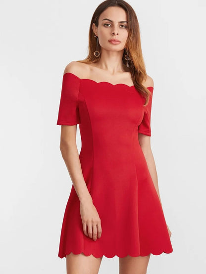 scallop edge bardot neckline fit and flare dress Periwinkley Shop