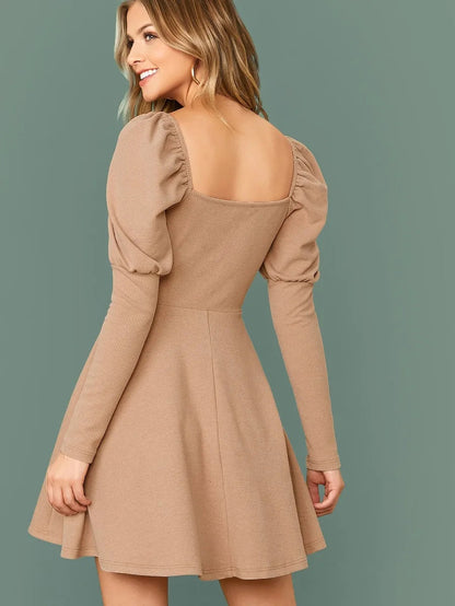 square neck leg of mutton sleeve rib knit dress Periwinkley Shop
