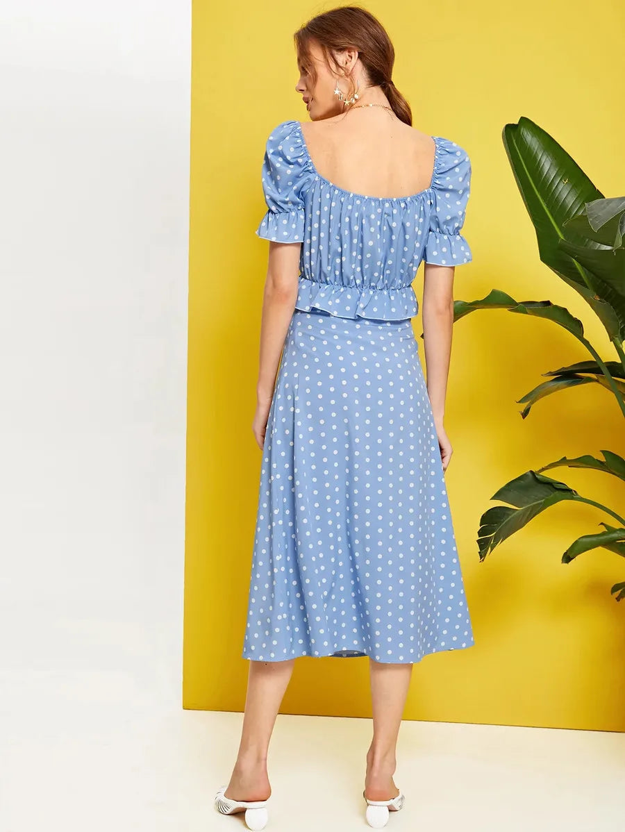 Polka Dot Button Front Ruffle Trim Peplum Top & Skirt Set Periwinkley Shop