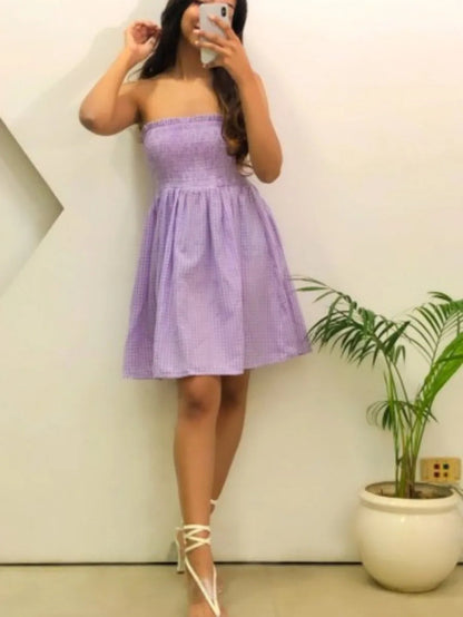lavender check off shoulder dress Periwinkley Shop