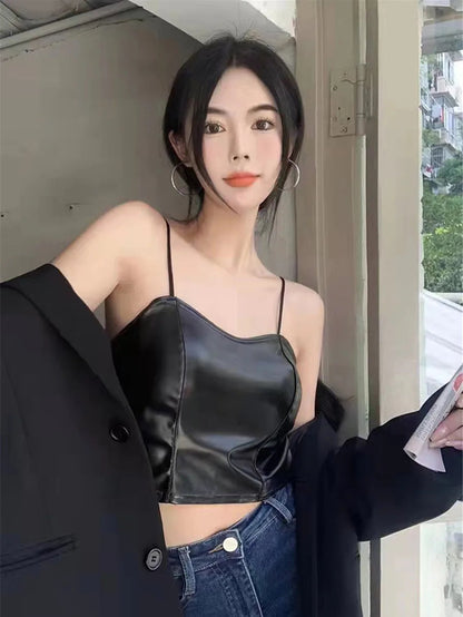 Leather Camisole Chest Padded  Backless Crop Tops Periwinkley Shop