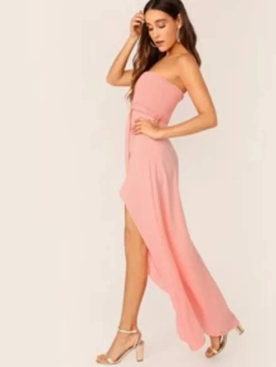 Frill Trim Smocked Split Hem Tube Dress Periwinkley Shop