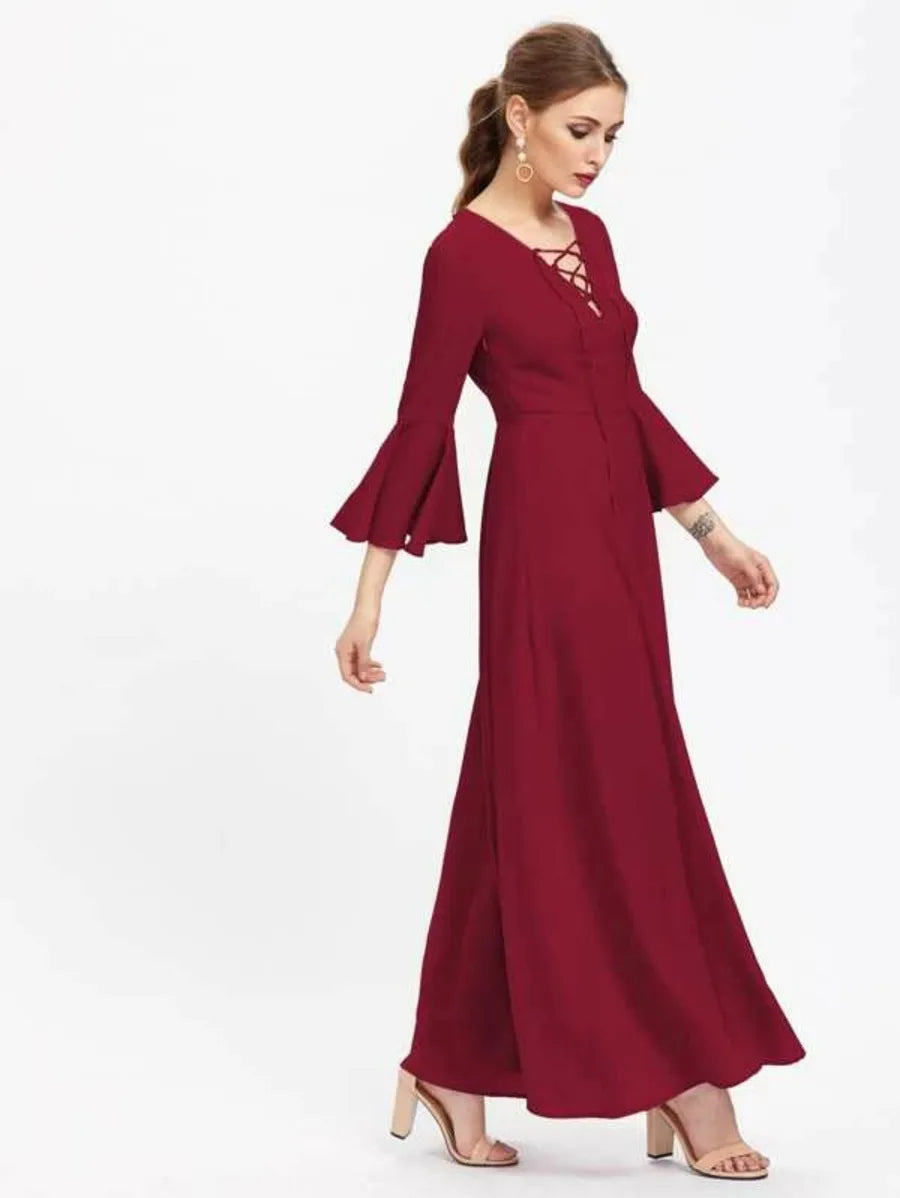 lace up front fluted sleeve hijab evening dress Periwinkley Shop