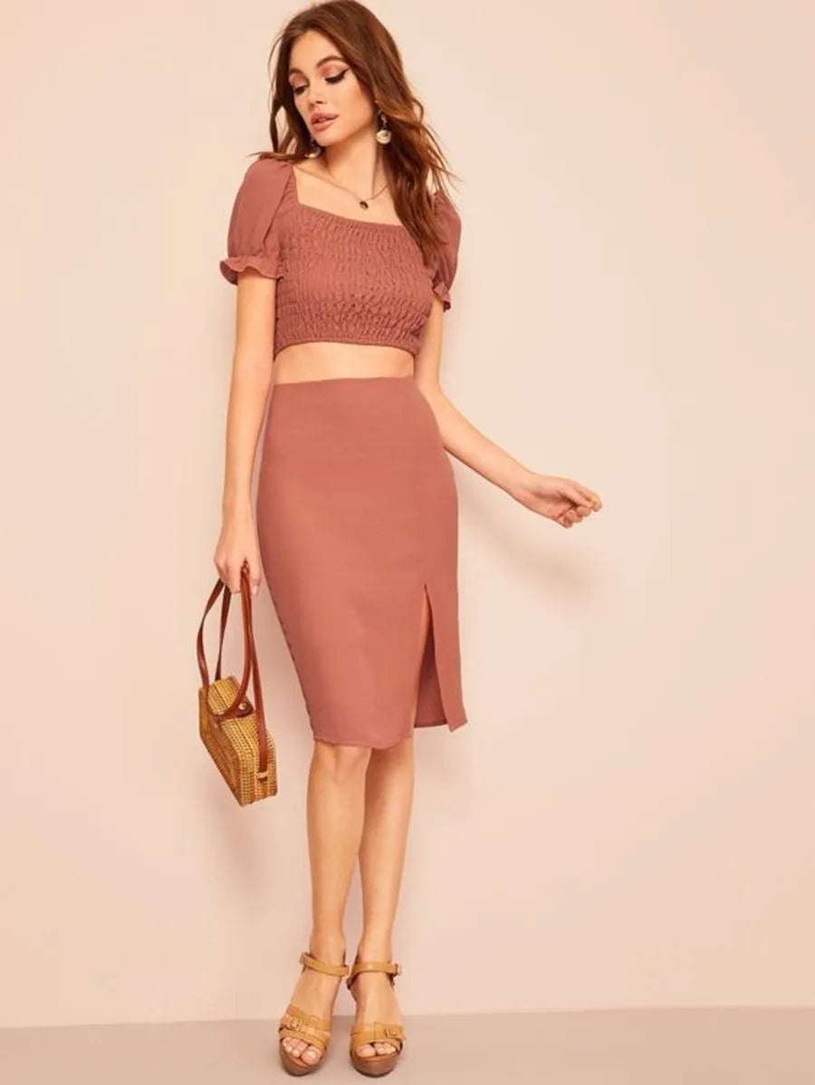 square neck shirred crop  top & split skirt set Periwinkley Shop