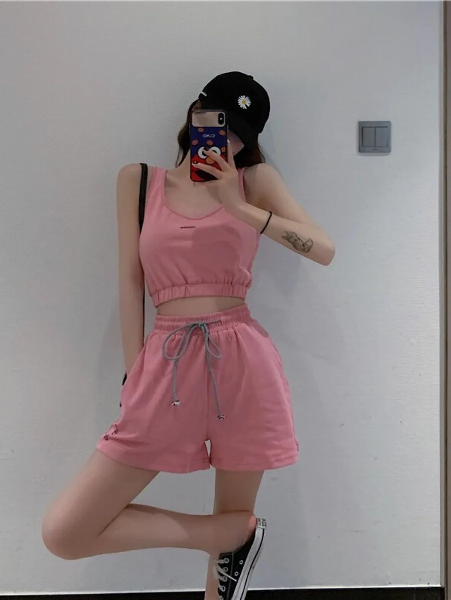 Yedinas Sports Outfits Set Vest Crop Tops And Biker Shorts- Pink Periwinkley Shop