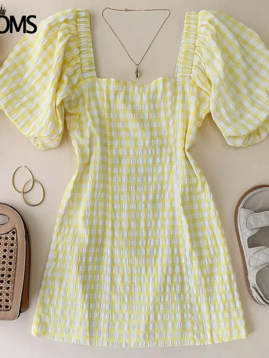 Vintage Square Neck Yellow Plaid Print Mini Dress Periwinkley Shop