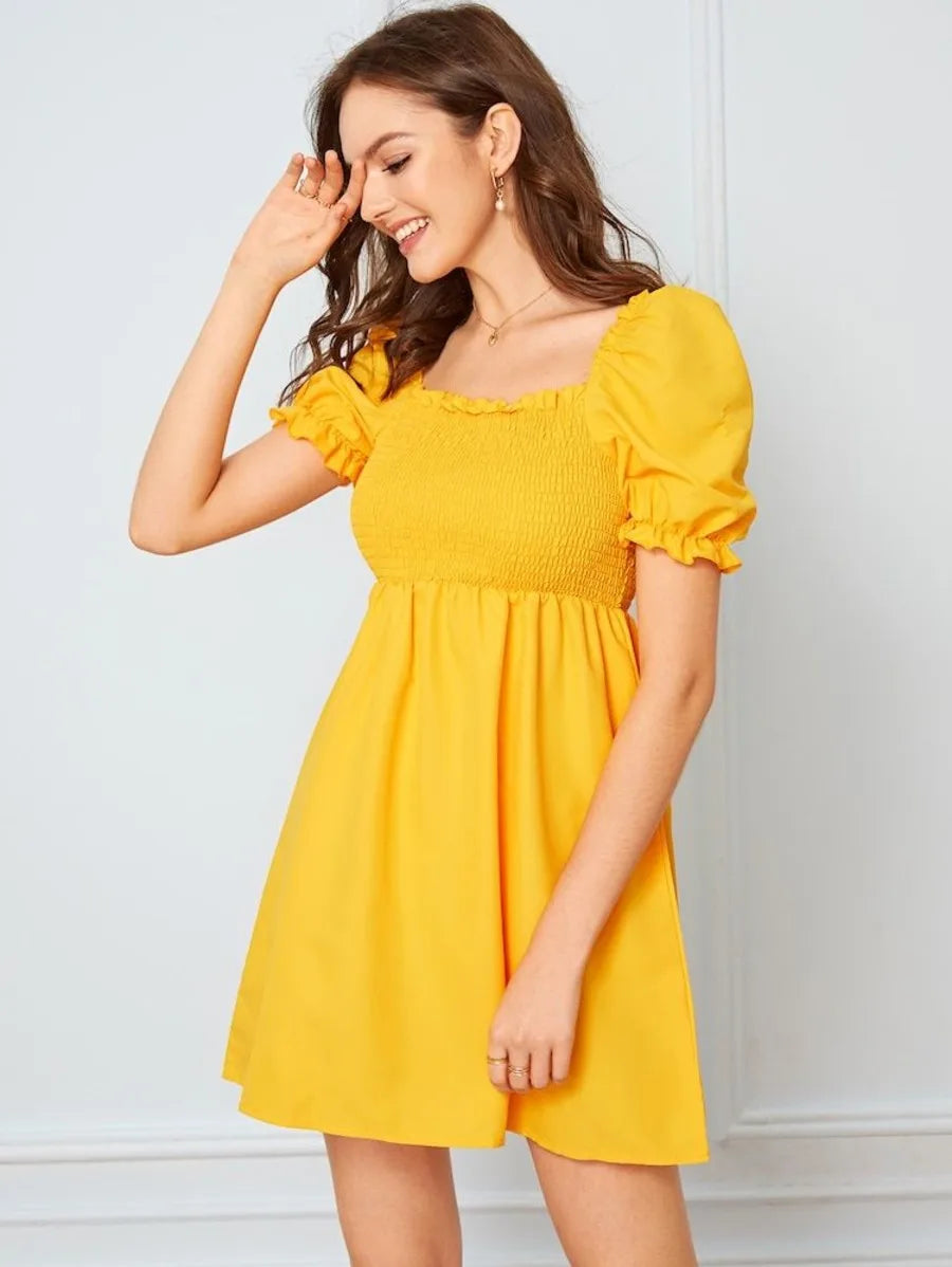 solid frill trim shirred dress Periwinkley Shop