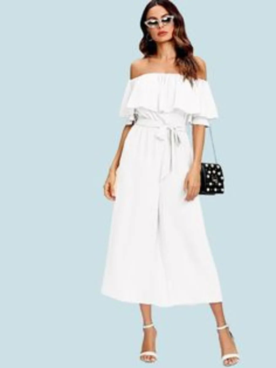 Flounce Off Shoulder Self Tie Culotte Jumpsuit Periwinkley Shop