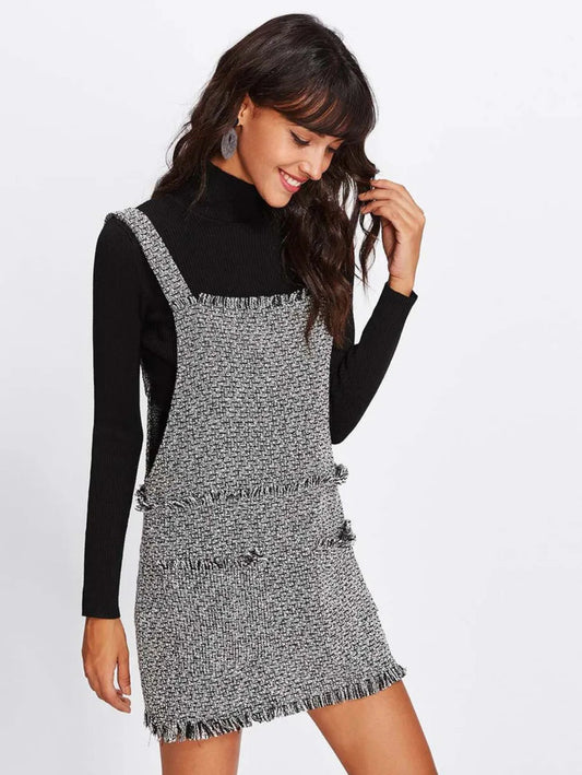 Fringe Detail Tweed Overall Dress Periwinkley Shop
