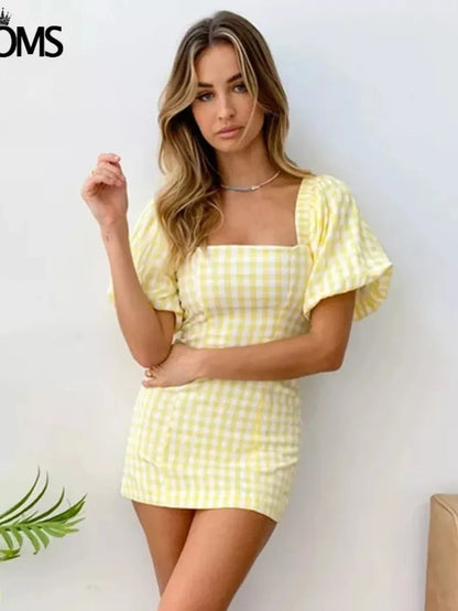 Vintage Square Neck Yellow Plaid Print Mini Dress Periwinkley Shop
