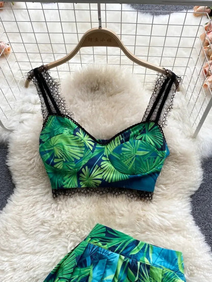 Two Piece Set Sexy Print Crop Top With Pleated Skirt Periwinkley Shop