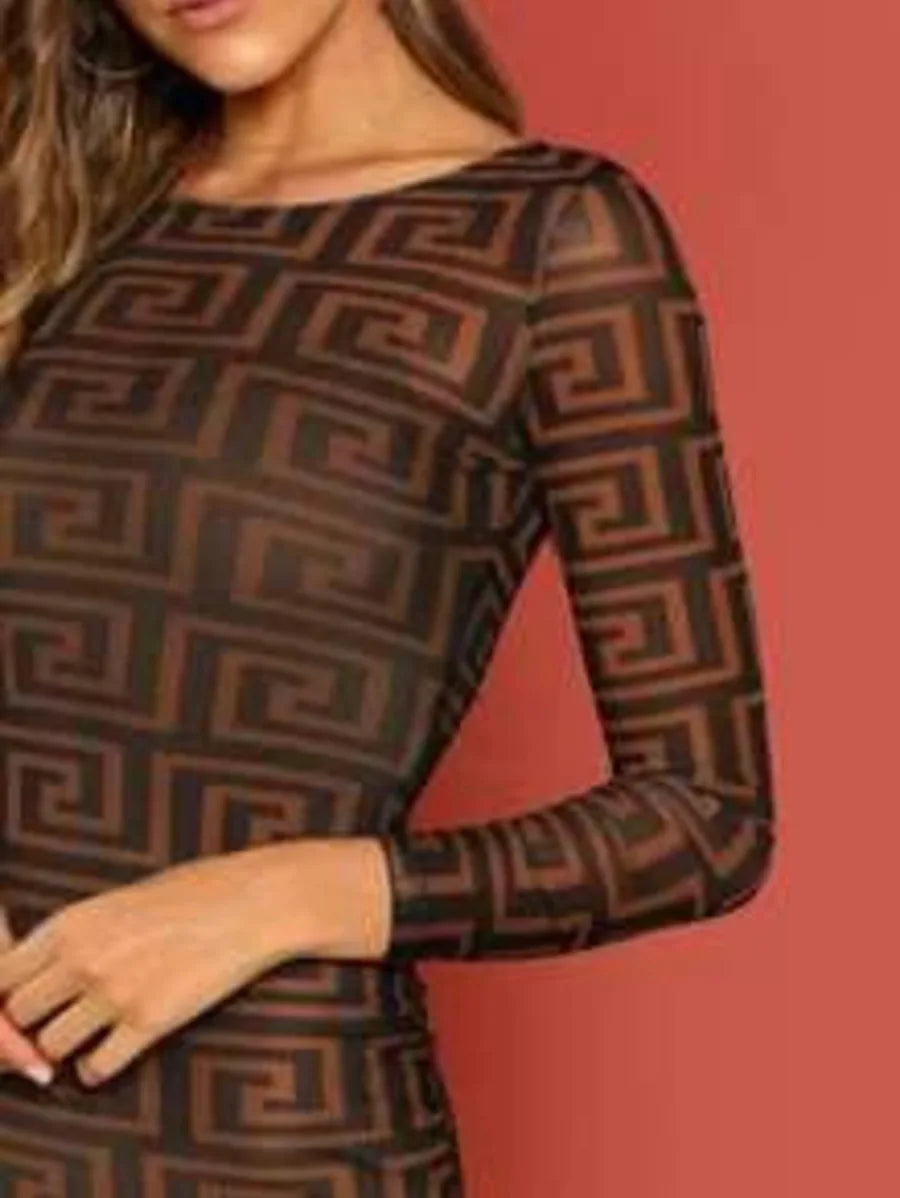 greek key print sheer bodycon dress Periwinkley Shop