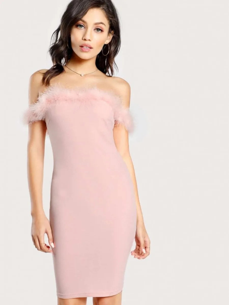 Faux Fur Detail Off Shoulder Dress Periwinkley Shop