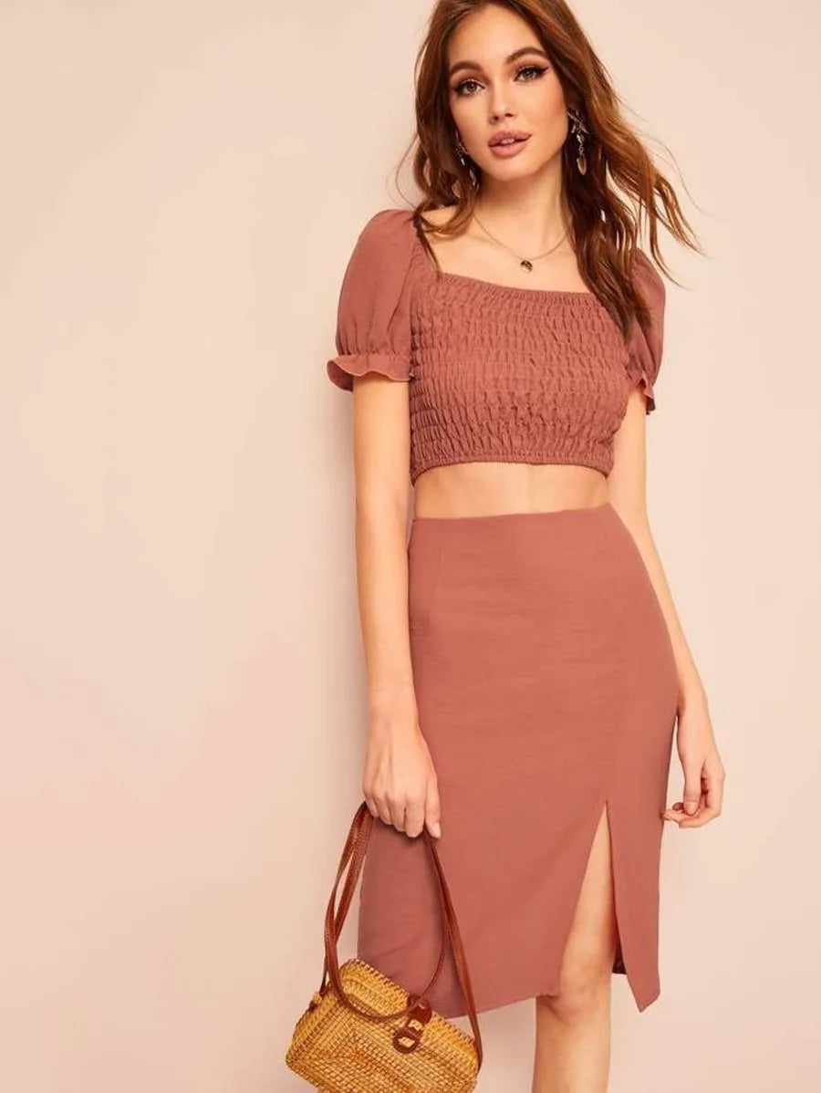square neck shirred crop  top & split skirt set Periwinkley Shop
