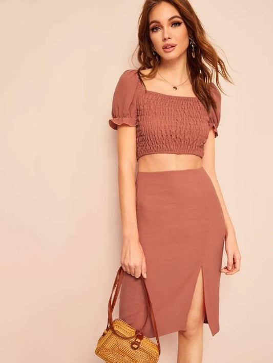 square neck shirred crop  top & split skirt set Periwinkley Shop