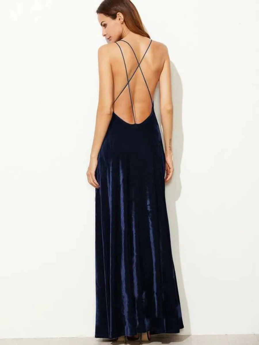 Strappy Backless Wrap Velvet Dress Periwinkley Shop