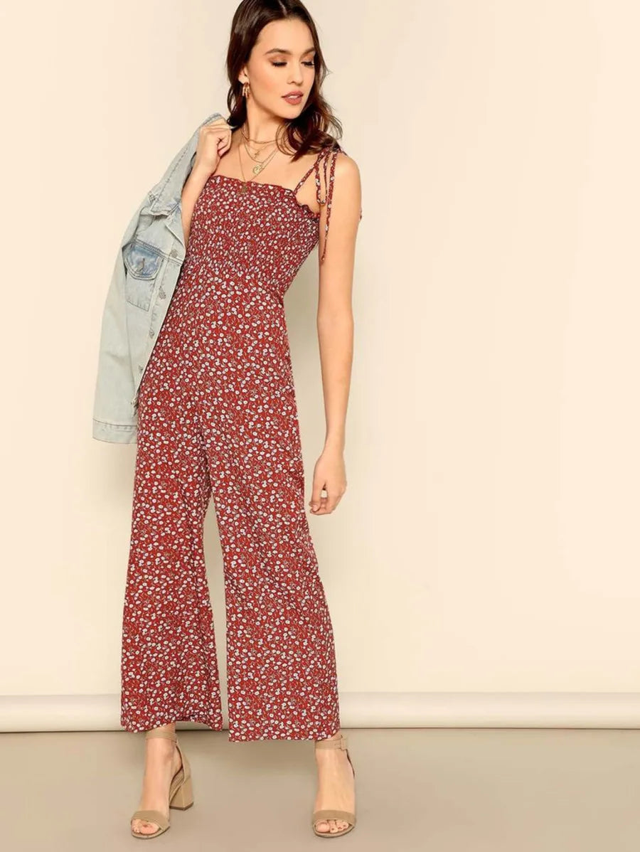 Ditsy Floral Knot Strap Ruffle Trim Smocked Jumpsuit Periwinkley Shop