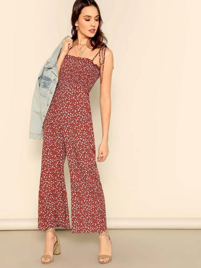 Ditsy Floral Knot Strap Ruffle Trim Smocked Jumpsuit Periwinkley Shop