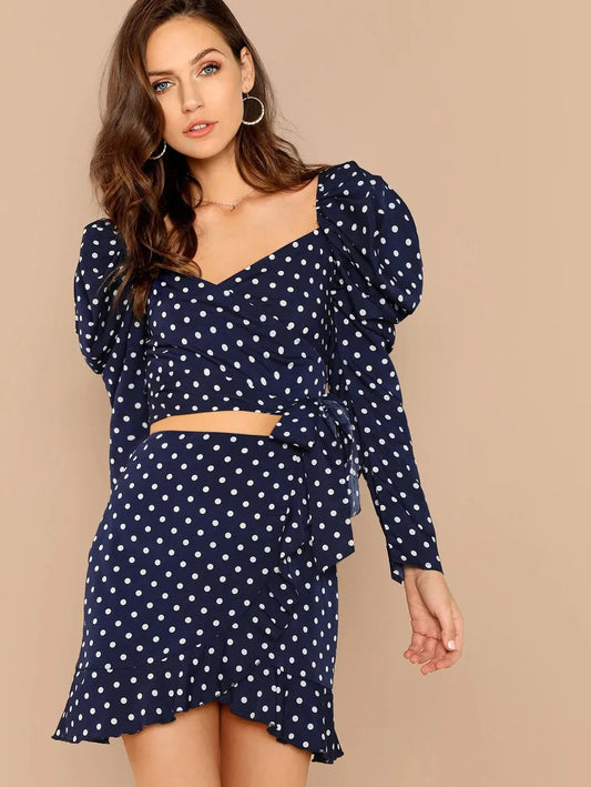 Gathered Sleeve Knot Hem Crop Top and Skirt Set Periwinkley Shop