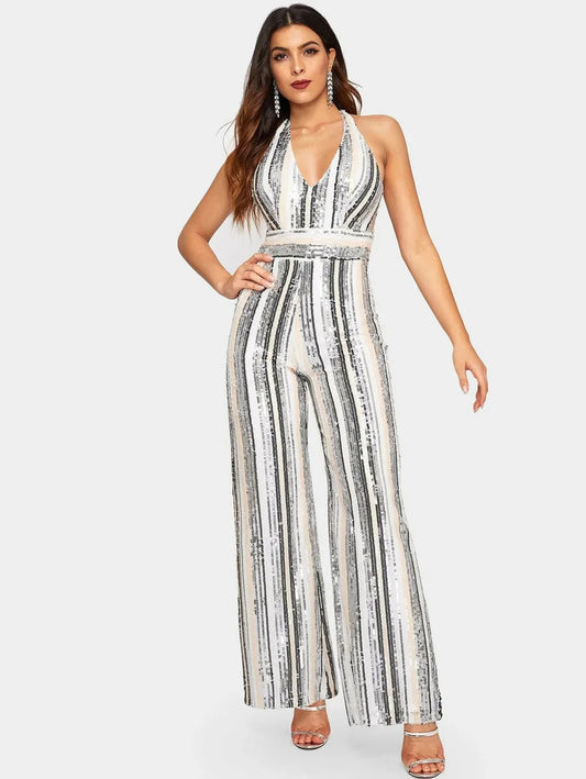 SEQUIN HALTERNECK PLUNGE FLARE JUMPSUIT Periwinkley Shop