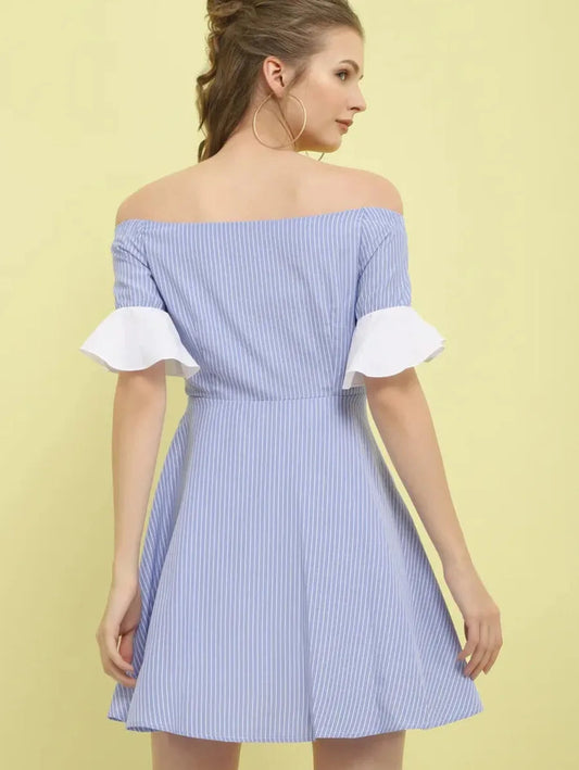 OH MY PRETTY PEARLS LIGHT BLUE STRIPED OFF-SHOULDER DRESS Periwinkley Shop