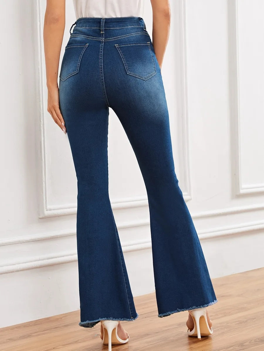 Raw Hem Button Detail Flare Leg Jeans Periwinkley Shop