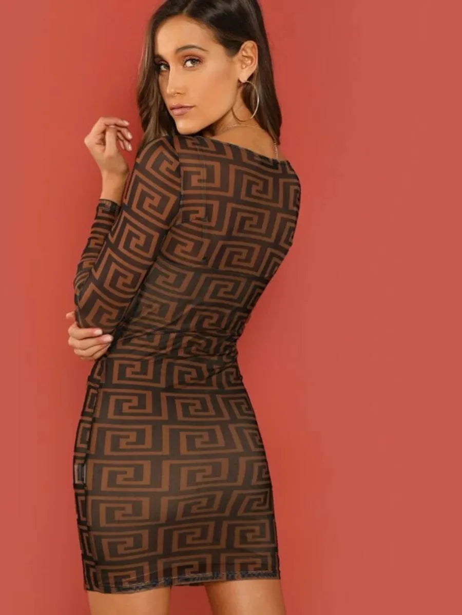 greek key print sheer bodycon dress Periwinkley Shop