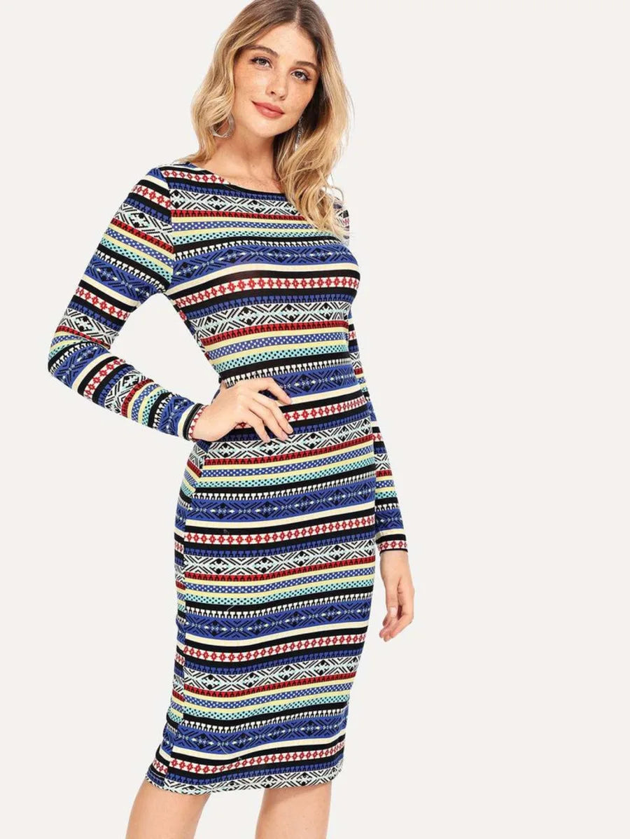 Aztec Striped Pencil Dress Periwinkley Shop