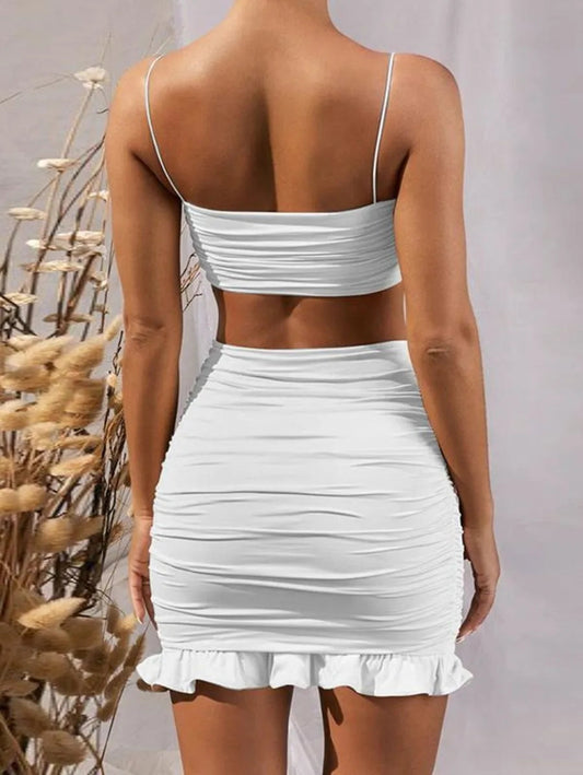 Ruched Crop Top & Ruffle Trim Skirt Set Periwinkley Shop
