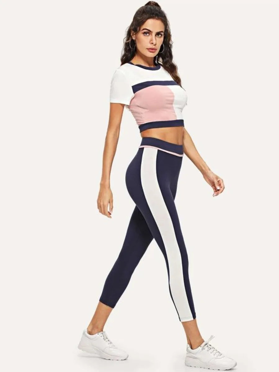 Color Block Crop Tee & Leggings Set Periwinkley Shop